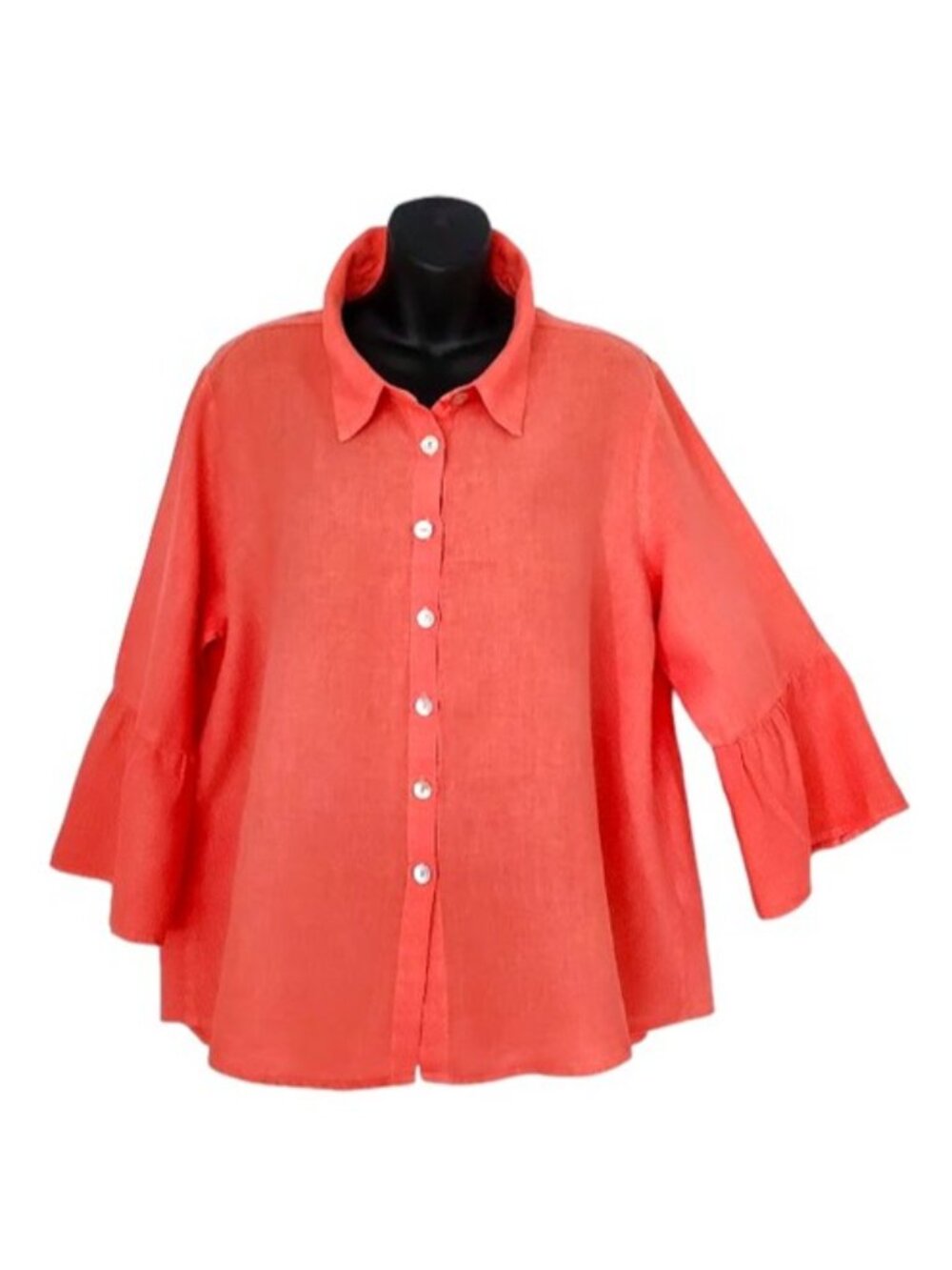 PURE MATCH Linen Peach Ruffle 3/4 Sleeve Button Up Blouse Shirt Top L Coastal
